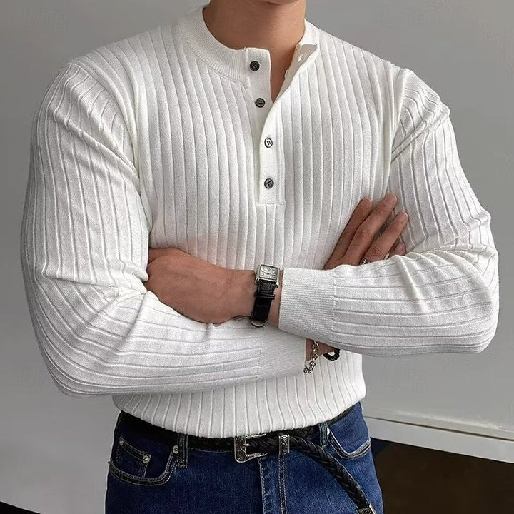 Rolvek | Herren Gerippter Henley Strickpullover - Camel - Image 4