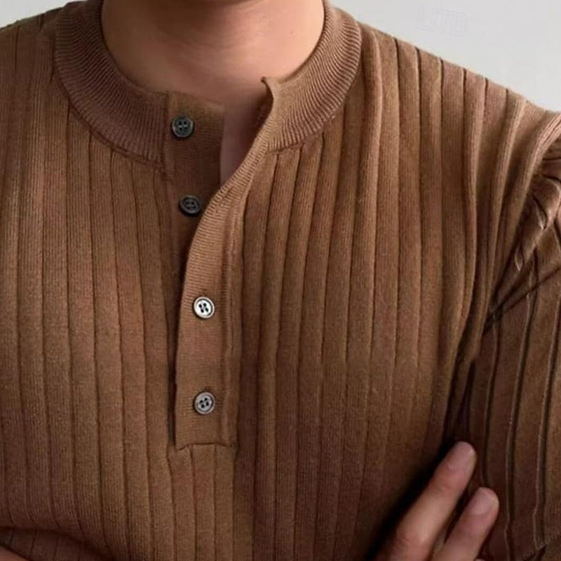 Rolvek | Herren Gerippter Henley Strickpullover - Camel - Image 6