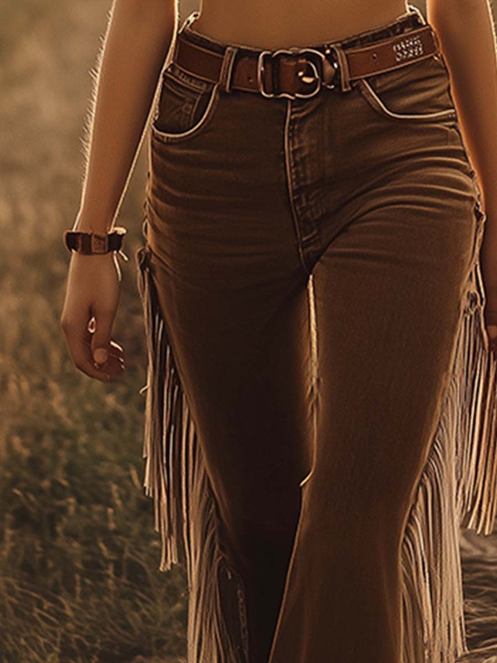 Romilda | Damen Fransen Schlaghosen Bootcut Jeans - Brown - Image 4