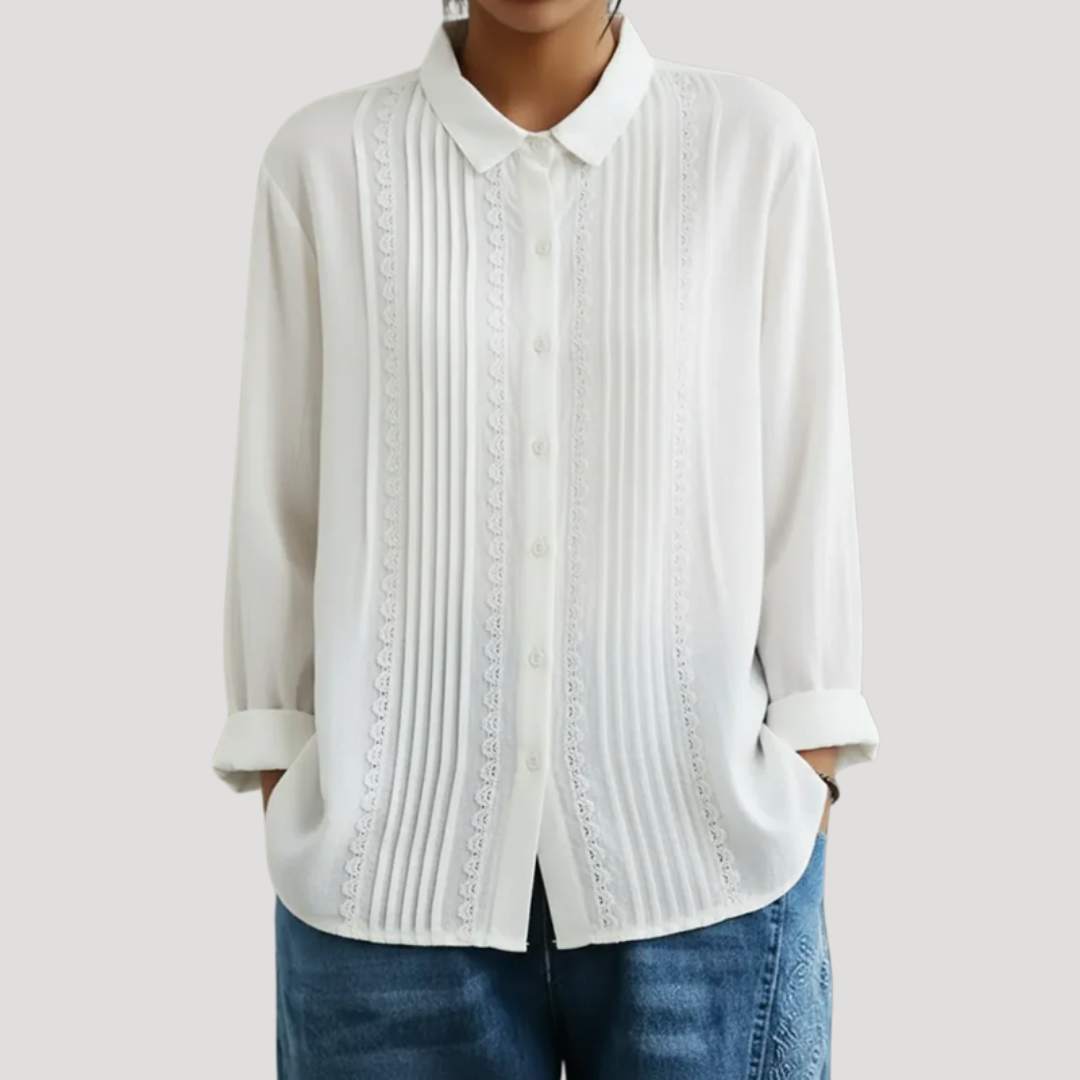 Romy | Damen Plissee Langarm Bluse mit Spitzendetails - White - Image 1