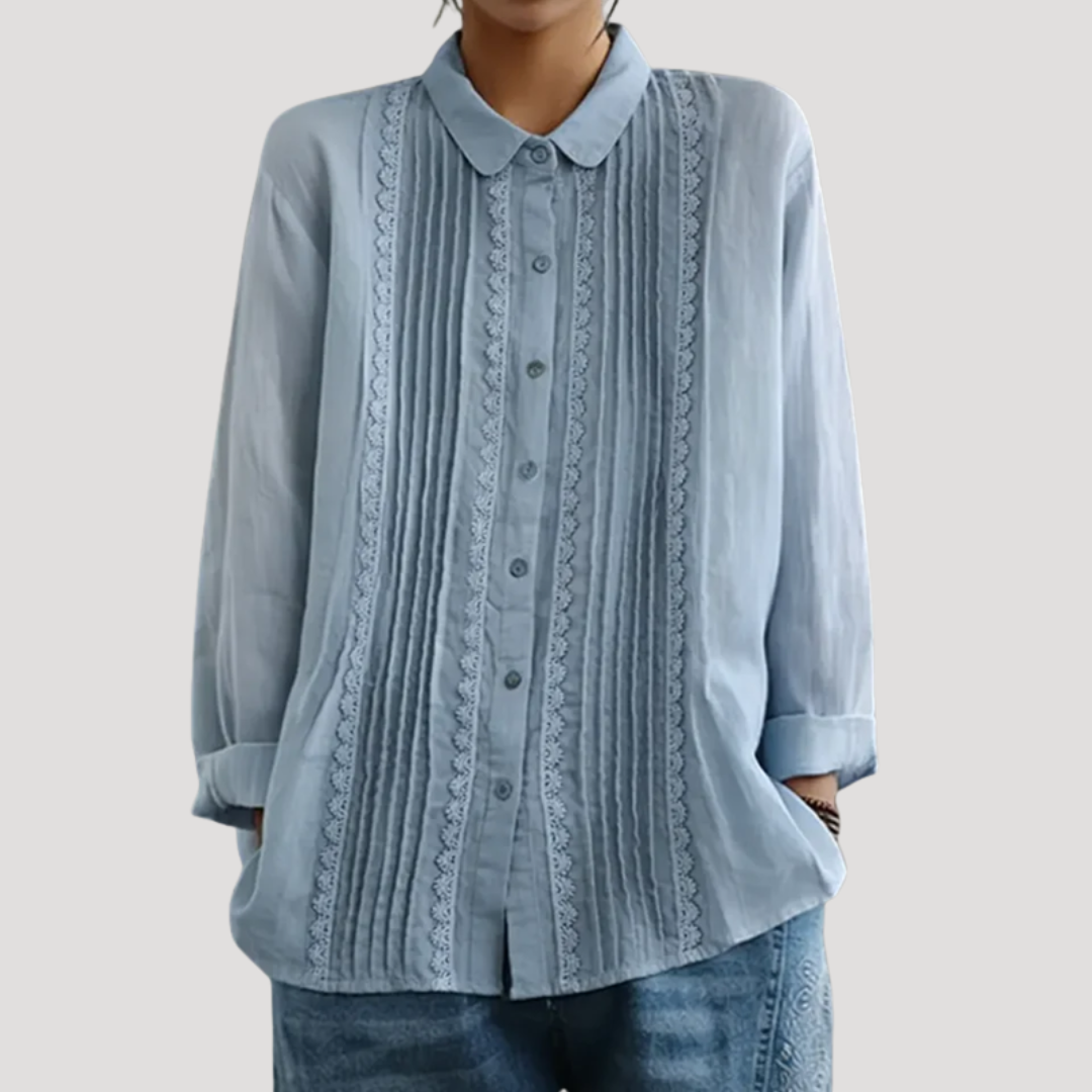 Romy | Damen Plissee Langarm Bluse mit Spitzendetails - White - Image 2