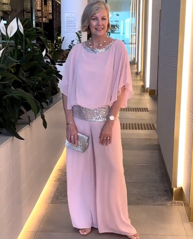 Romy | Damen Zweiteiler Abendmode Pailletten Set - Pink - Image 4