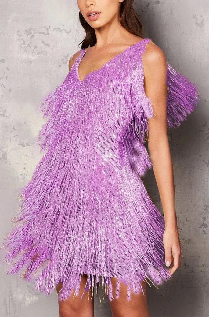 Ronja | Damen Fransenkleid Minikleid Ärmellos V-Ausschnitt - Image 1