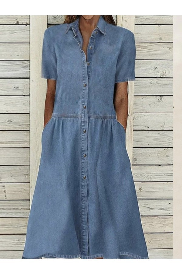 Ronja | Damen Hemdblusenkleid Kurzarm Midi - Light Blue - Image 1