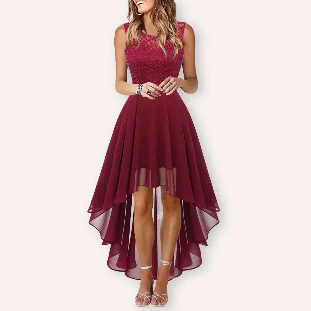 Rosalba | Damen Spitzenkleid High-Low A-Linien Kleid - Burgundy - Image 1