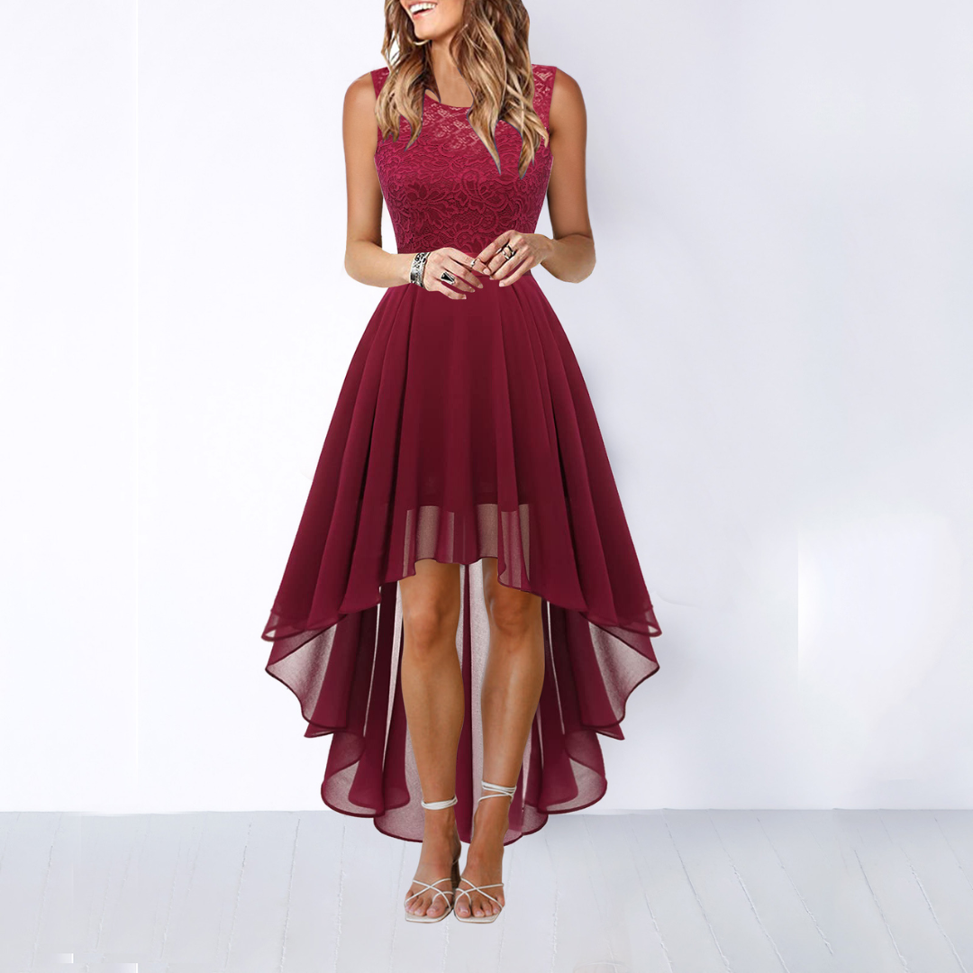 Rosalba | Damen Spitzenkleid High-Low A-Linien Kleid - Burgundy - Image 4