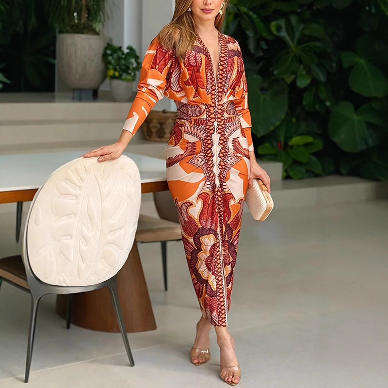 Rosalba | Damen V-Ausschnitt Langarm Kleid - Orange - Image 1