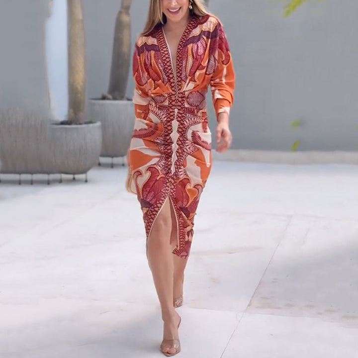 Rosalba | Damen V-Ausschnitt Langarm Kleid - Orange - Image 3