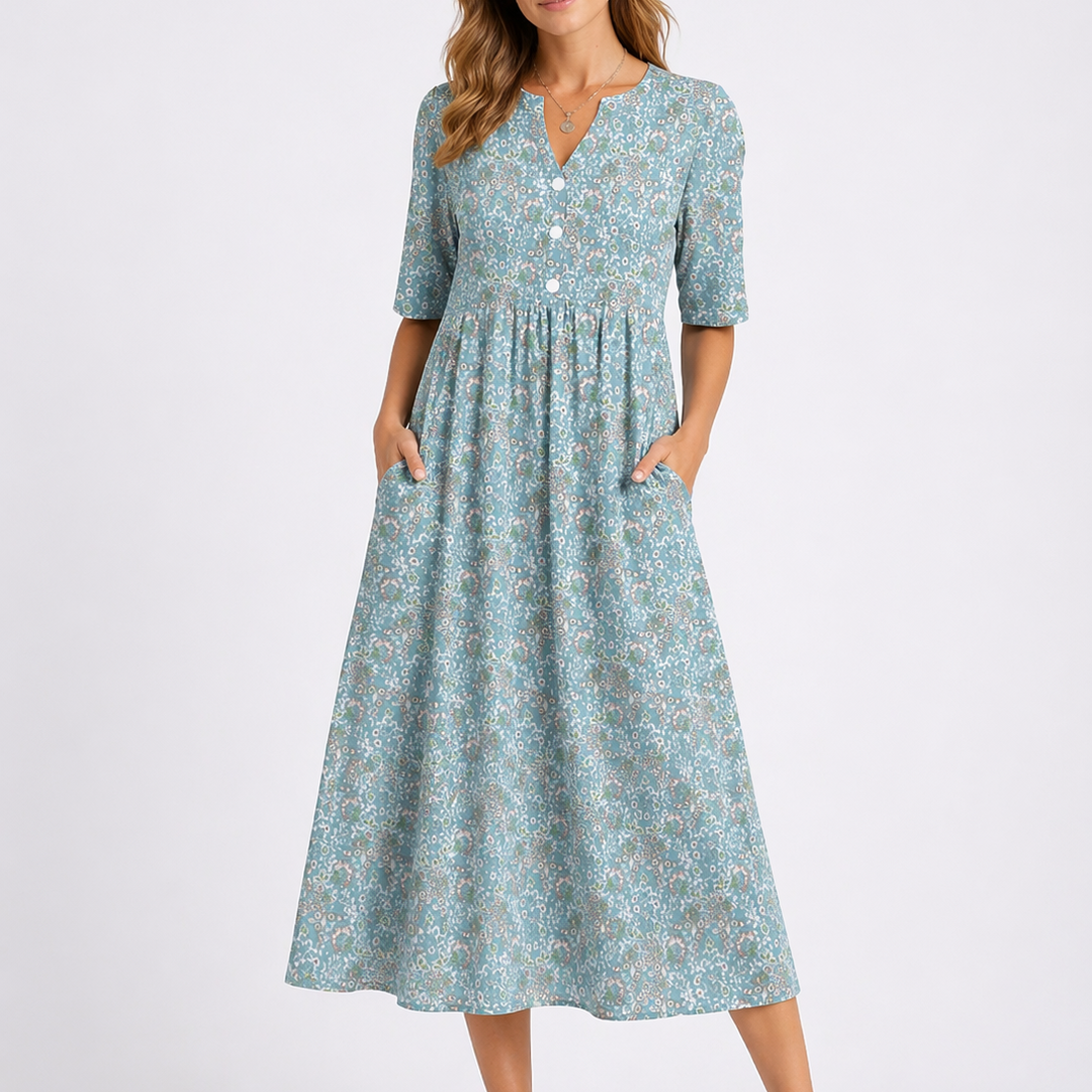 Rosalie | Damen Blumenkleid Midi mit V-Ausschnitt - Light Blue - Image 1