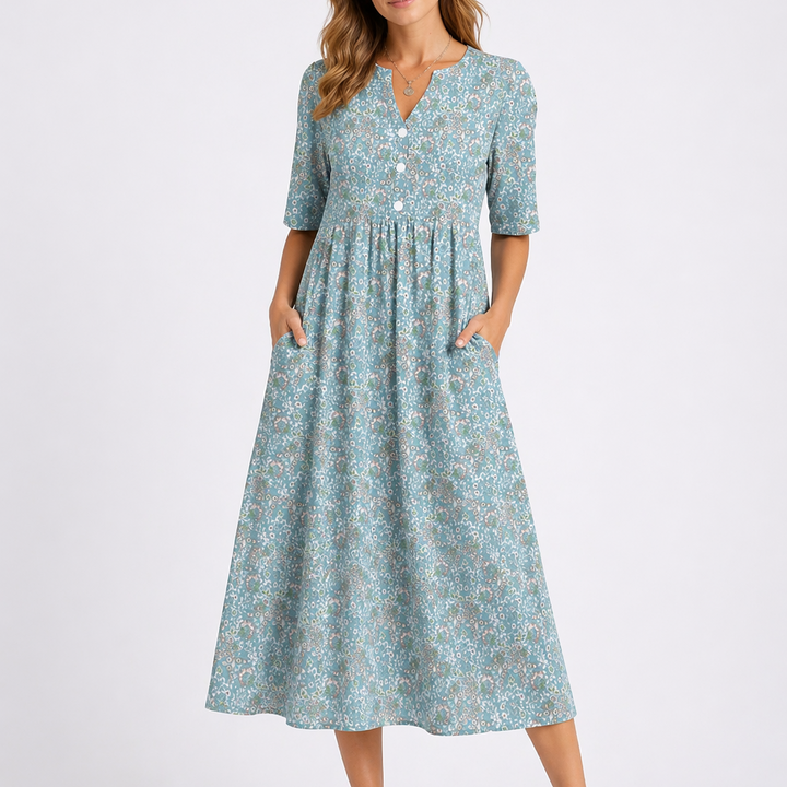 Rosalie | Damen Blumenkleid Midi mit V-Ausschnitt - Light Blue - Image 1