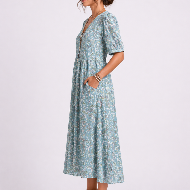 Rosalie | Damen Blumenkleid Midi mit V-Ausschnitt - Light Blue - Image 2
