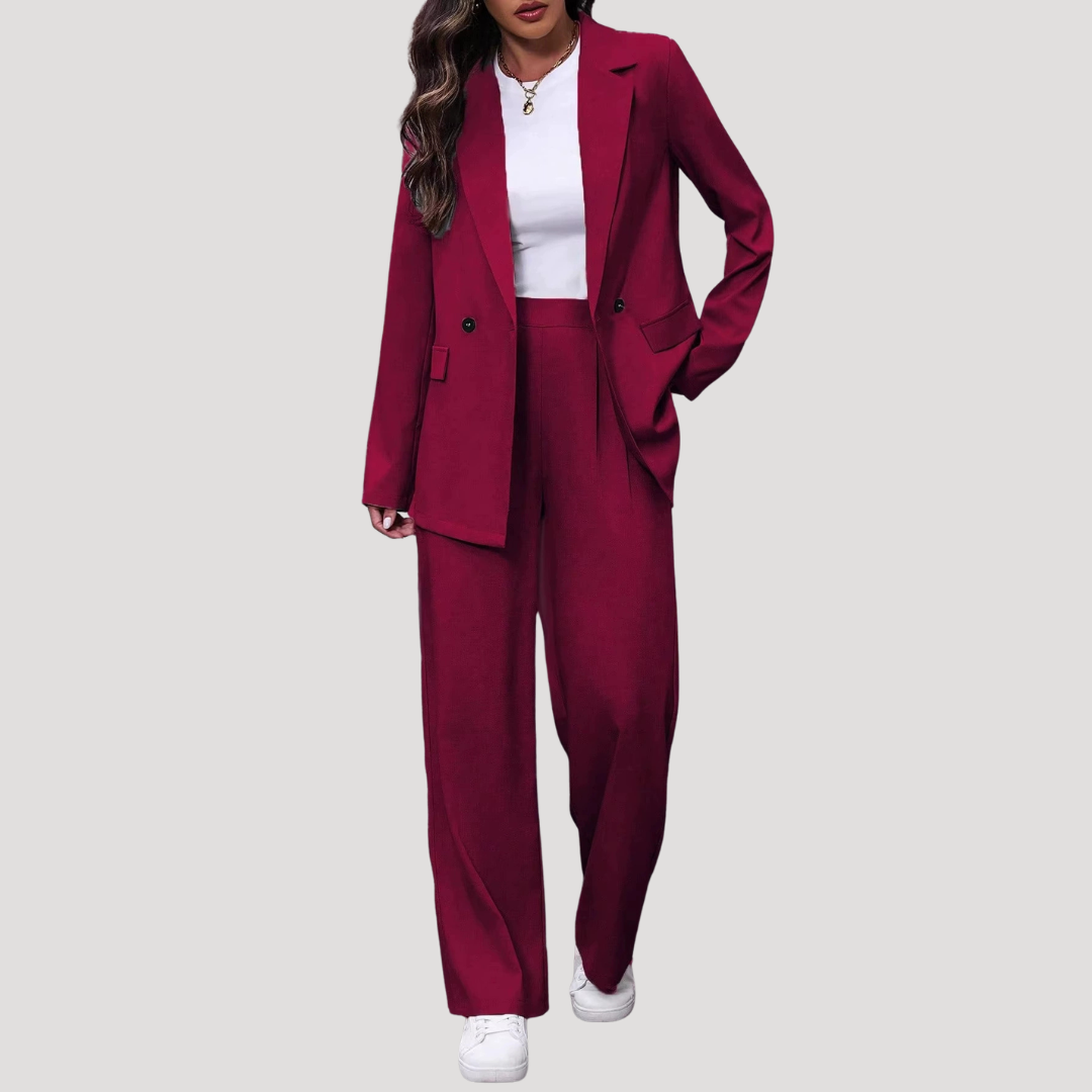 Rosalie | Damen Zweireihiger Taillierter Hosenanzug - Burgundy - Image 1