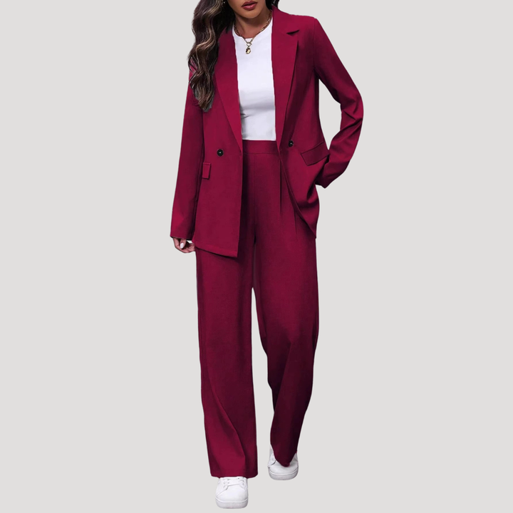 Rosalie | Damen Zweireihiger Taillierter Hosenanzug - Burgundy - Image 1