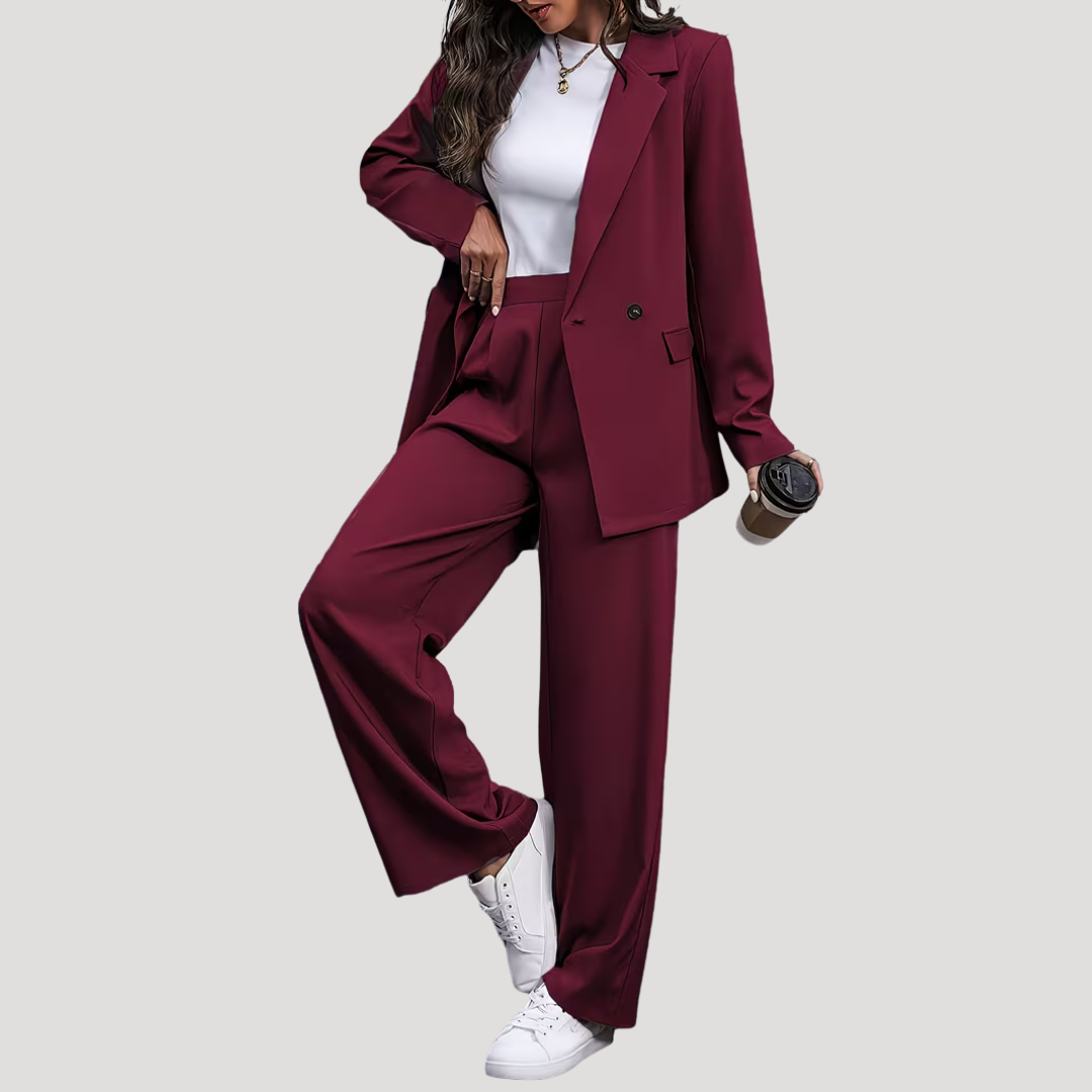 Rosalie | Damen Zweireihiger Taillierter Hosenanzug - Burgundy - Image 2