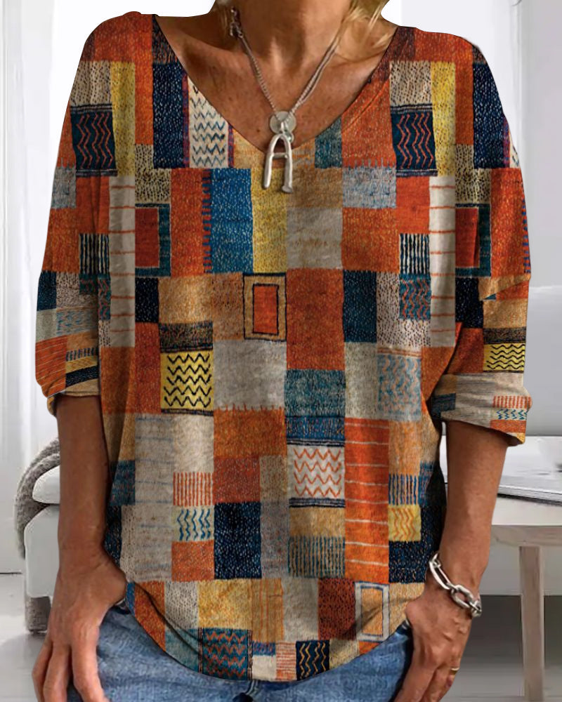 Rosilda | Damen Patchwork V-Ausschnitt Bluse - Image 2