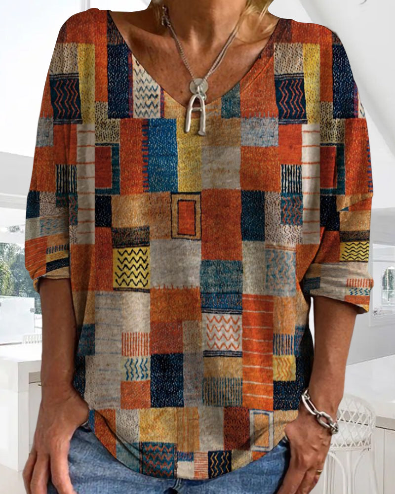 Rosilda | Damen Patchwork V-Ausschnitt Bluse - Image 3
