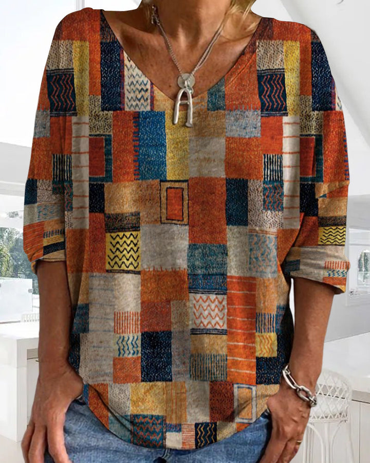Rosilda | Damen Patchwork V-Ausschnitt Bluse - Image 3