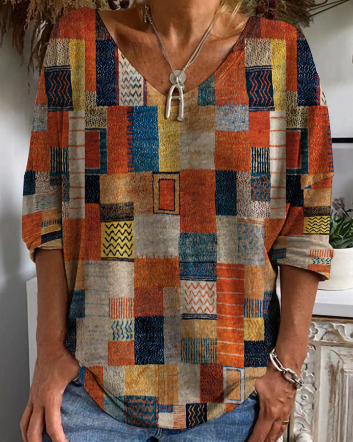 Rosilda | Damen Patchwork V-Ausschnitt Bluse - Image 4