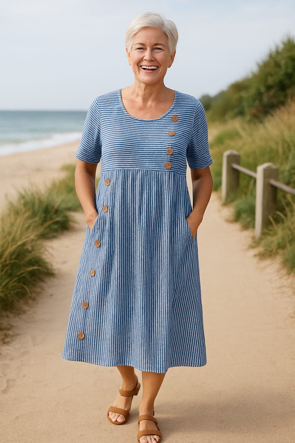 Roswen | Damen Gestreiftes Kurzarm Midikleid mit Knöpfen - Striped - Image 1