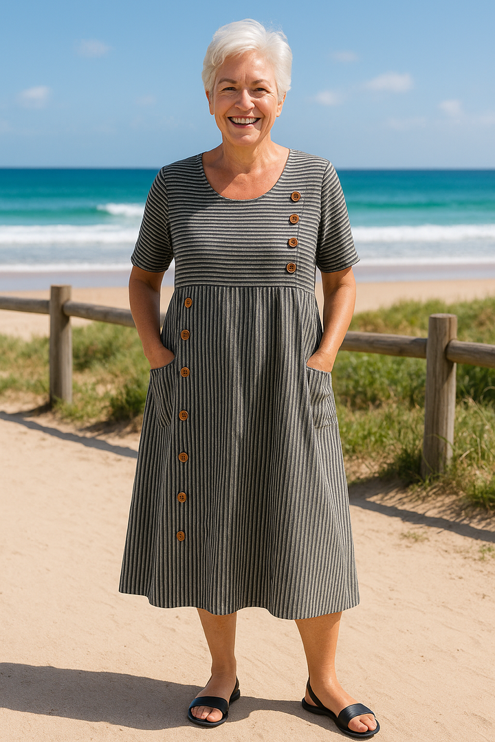 Roswen | Damen Gestreiftes Kurzarm Midikleid mit Knöpfen - Striped - Image 2