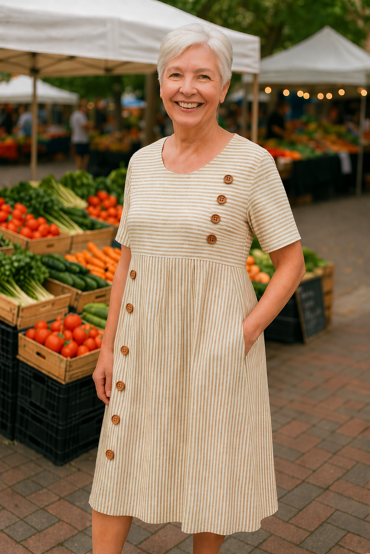Roswen | Damen Gestreiftes Kurzarm Midikleid mit Knöpfen - Striped - Image 3