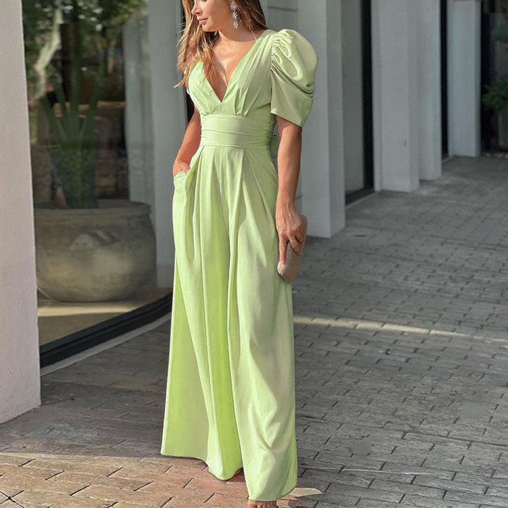Roswitha | Damen V-Ausschnitt Puffärmel Jumpsuit - Green - Image 1