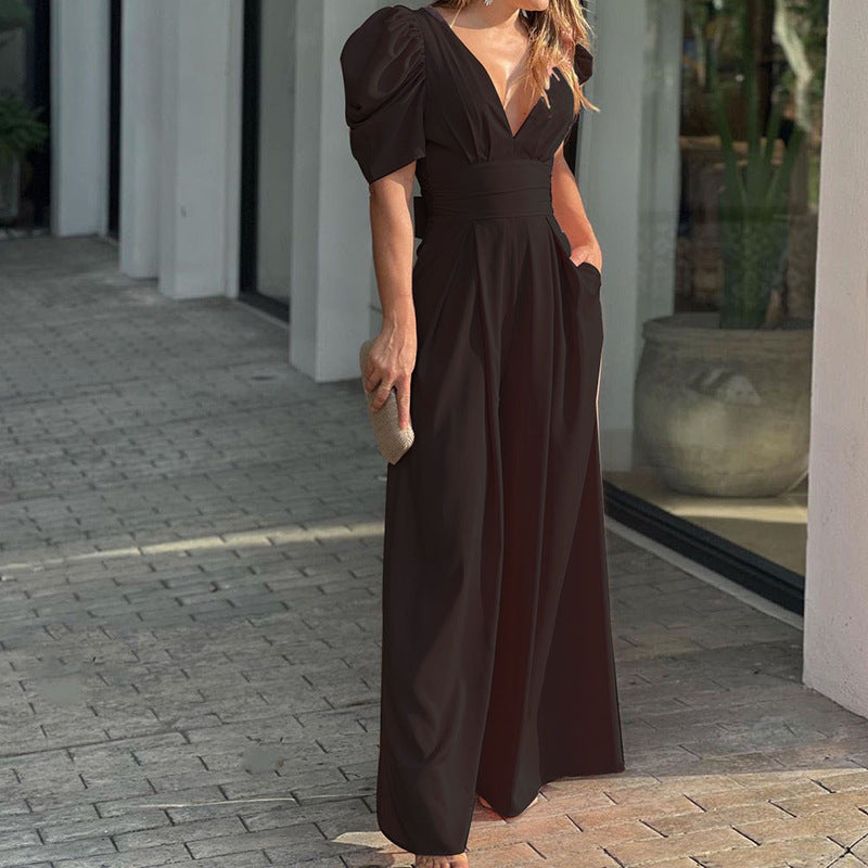 Roswitha | Damen V-Ausschnitt Puffärmel Jumpsuit - Green - Image 2