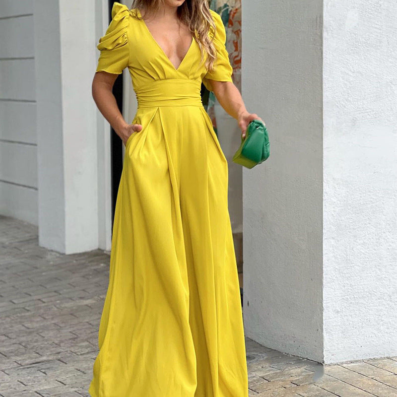 Roswitha | Damen V-Ausschnitt Puffärmel Jumpsuit - Green - Image 3