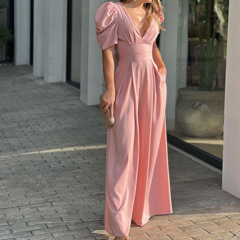 Roswitha | Damen V-Ausschnitt Puffärmel Jumpsuit - Green - Image 6