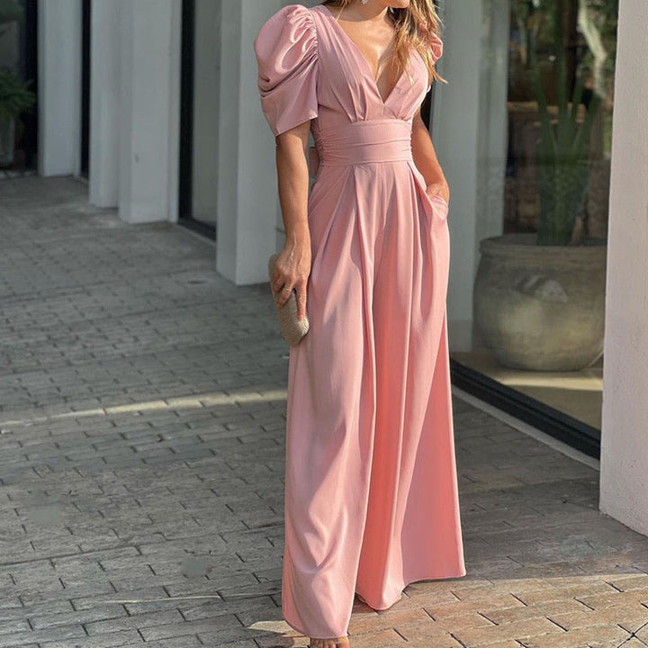 Roswitha | Damen V-Ausschnitt Puffärmel Jumpsuit - Green - Image 6