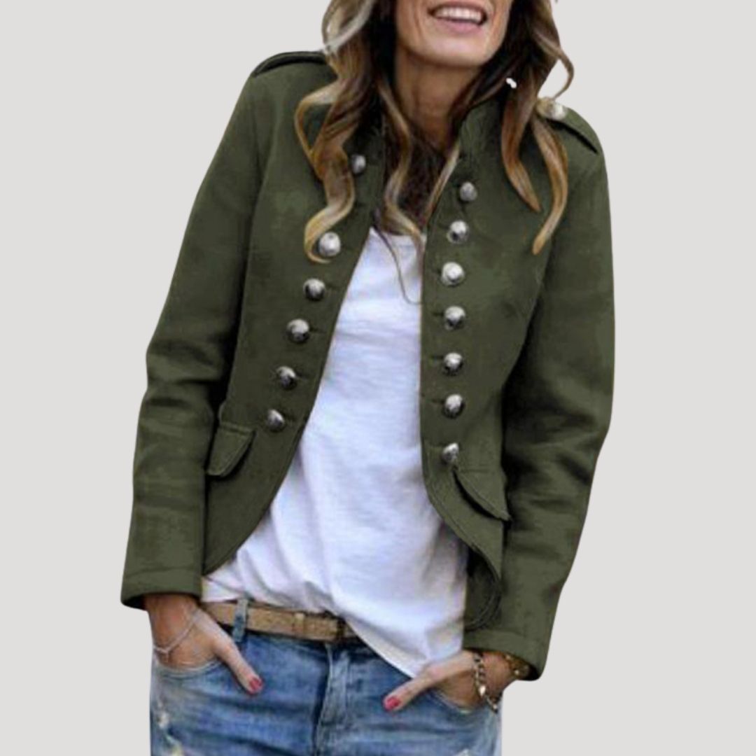 Rowena | Damen Militärjacke Doppelreihig Stehkragen - Olive Green - Image 1