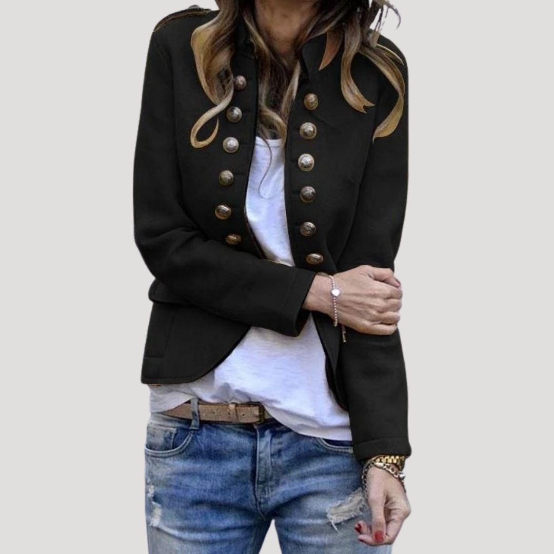 Rowena | Damen Militärjacke Doppelreihig Stehkragen - Olive Green - Image 2