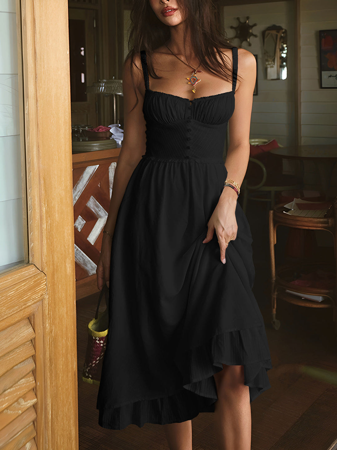 Bianca | Damen Midikleid, Spaghettiträger mit Rüschensaum
