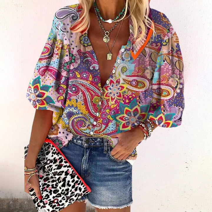 Nadia | Damen Bluse Boho Ornamentmuster V-Ausschnitt Langarm