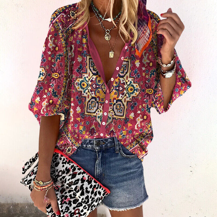 Nadia | Damen Bluse Boho Ornamentmuster V-Ausschnitt Langarm