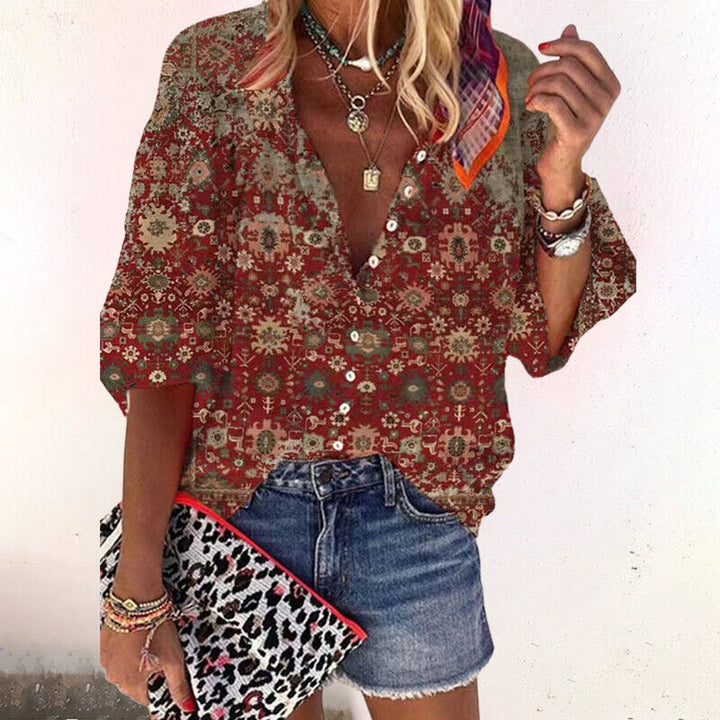Nadia | Damen Bluse Boho Ornamentmuster V-Ausschnitt Langarm