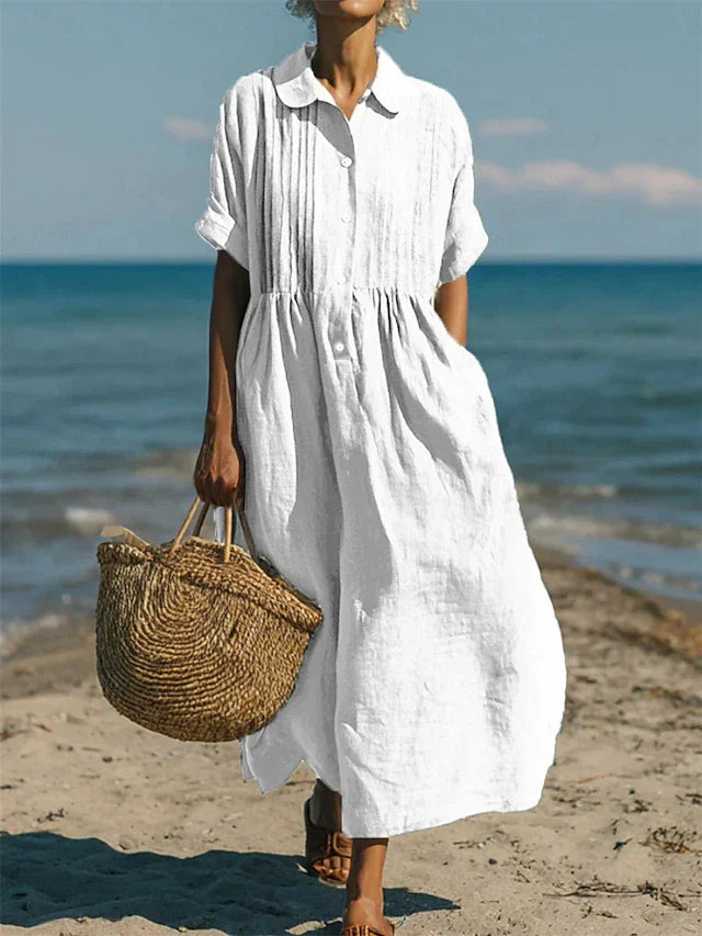 Saskia | Damen Hemdblusenkleid Maxikleid mit Knöpfen - White - Image 1