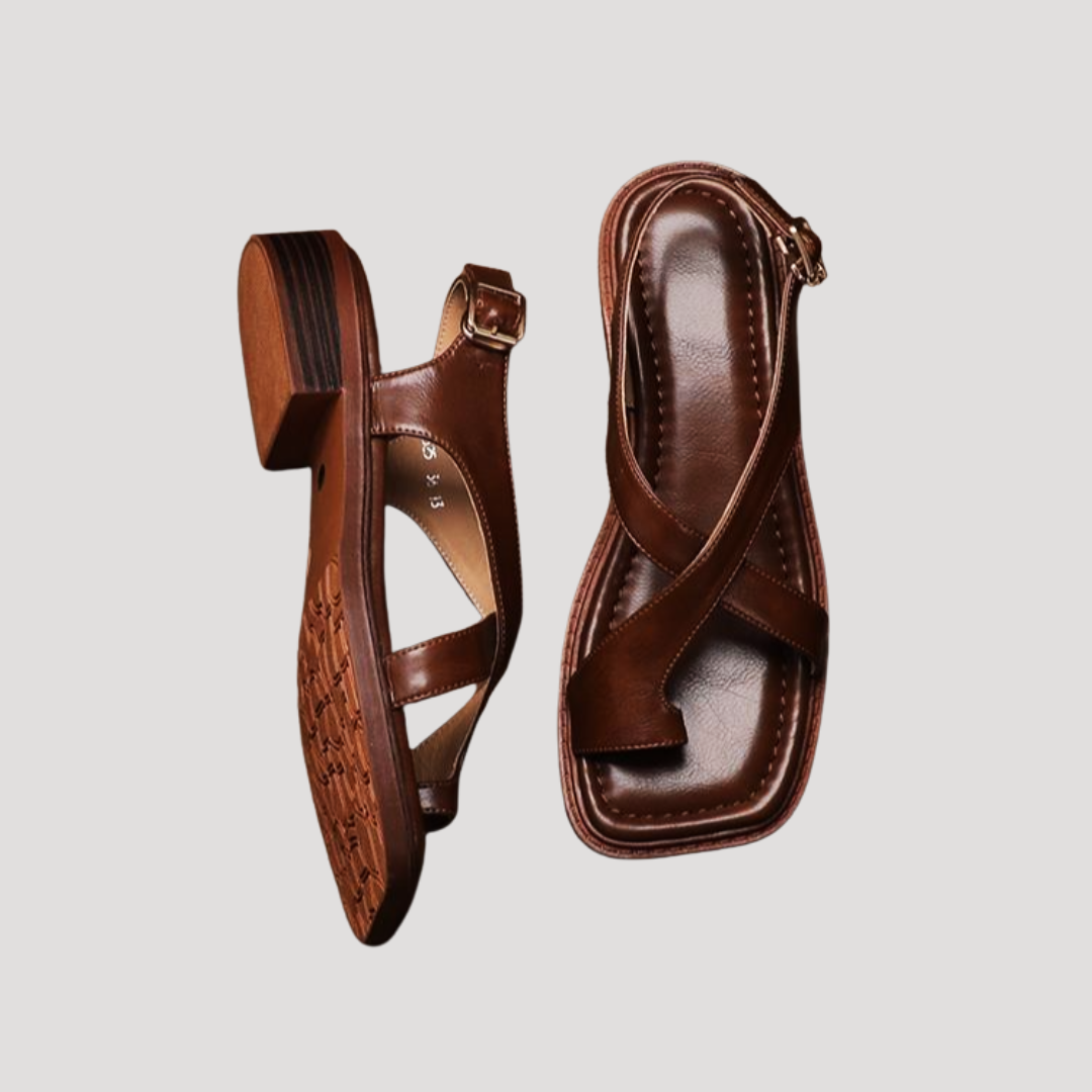 Saskia | Damen Quadratzehenform Blockabsatz Sandale - Brown - Image 2