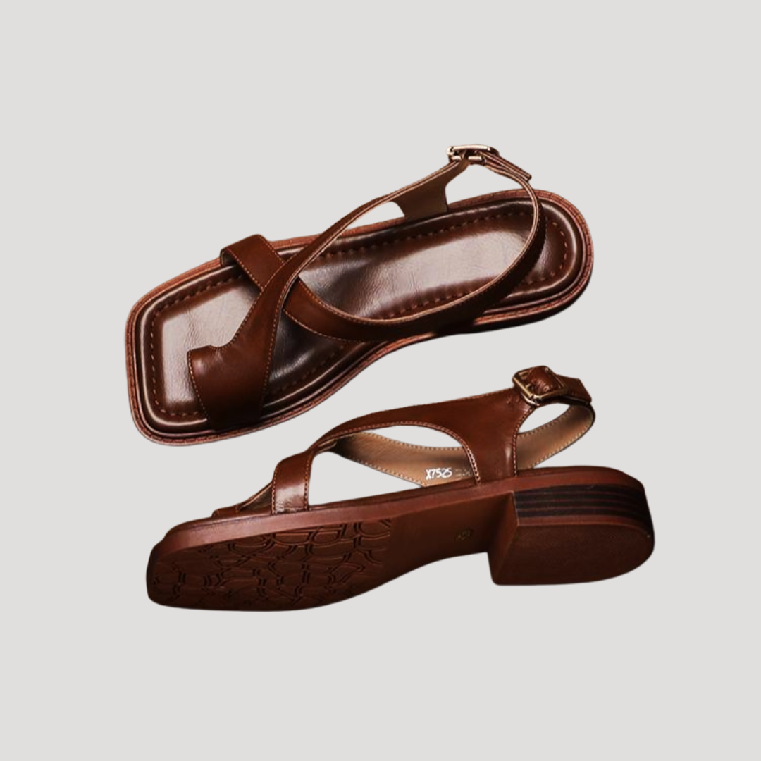 Saskia | Damen Quadratzehenform Blockabsatz Sandale - Brown - Image 4