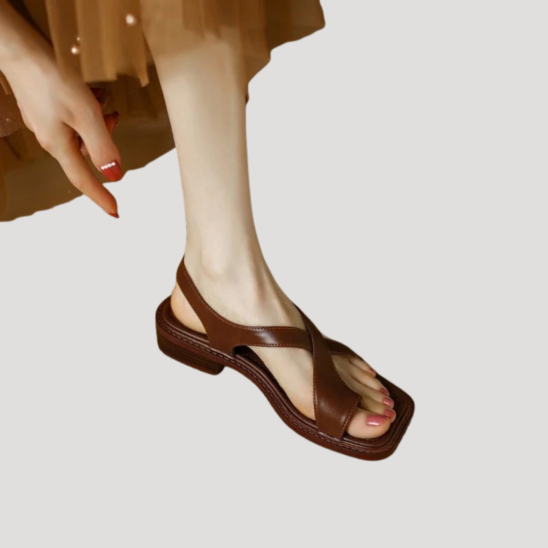 Saskia | Damen Quadratzehenform Blockabsatz Sandale - Brown - Image 5