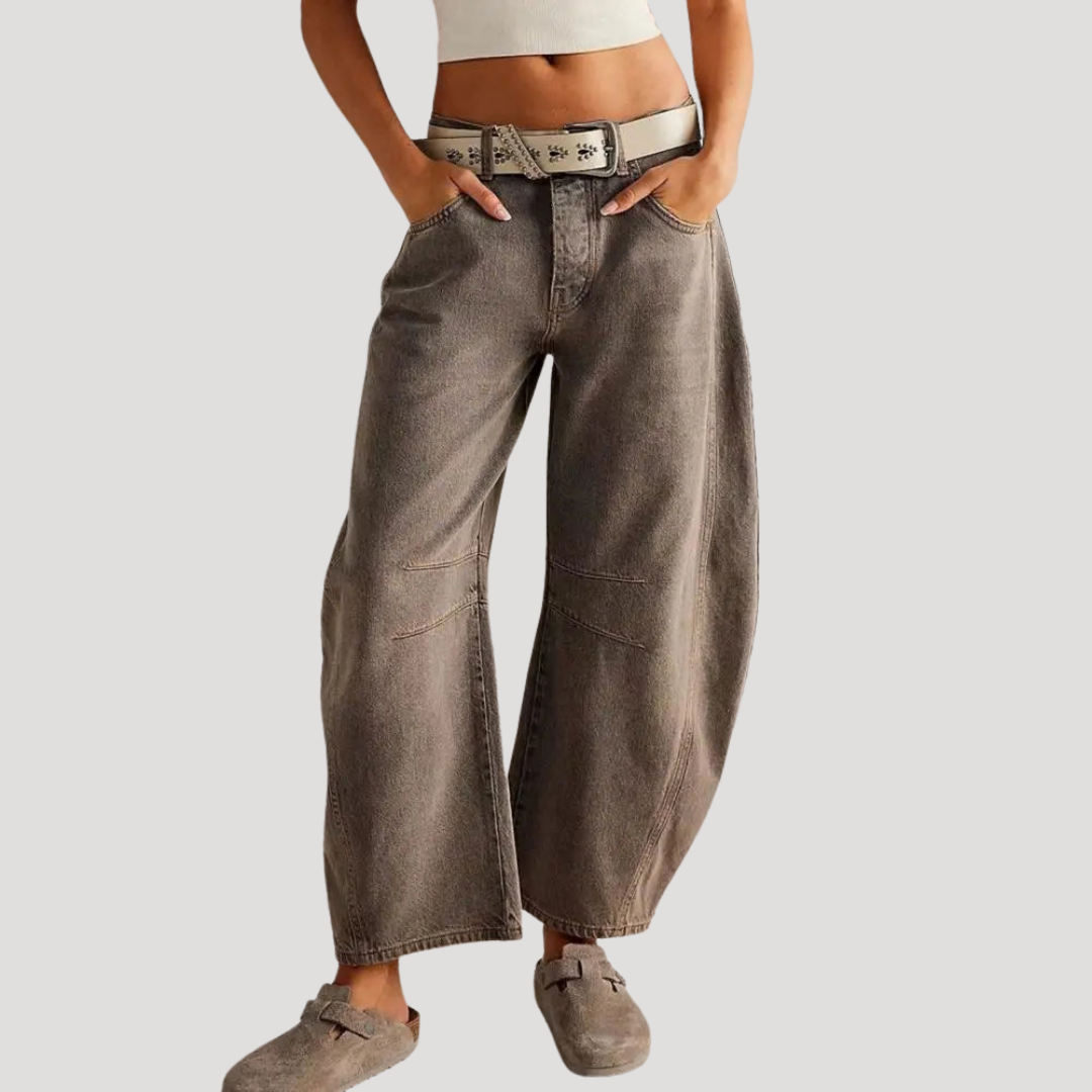 Saskia | Damen Weite Jeans Leopardenmuster Barrel Leg - Brown - Image 10
