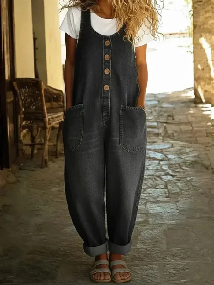 Lena | Damen Jeans Latzhose Locker Vintage Knöpfe Overall