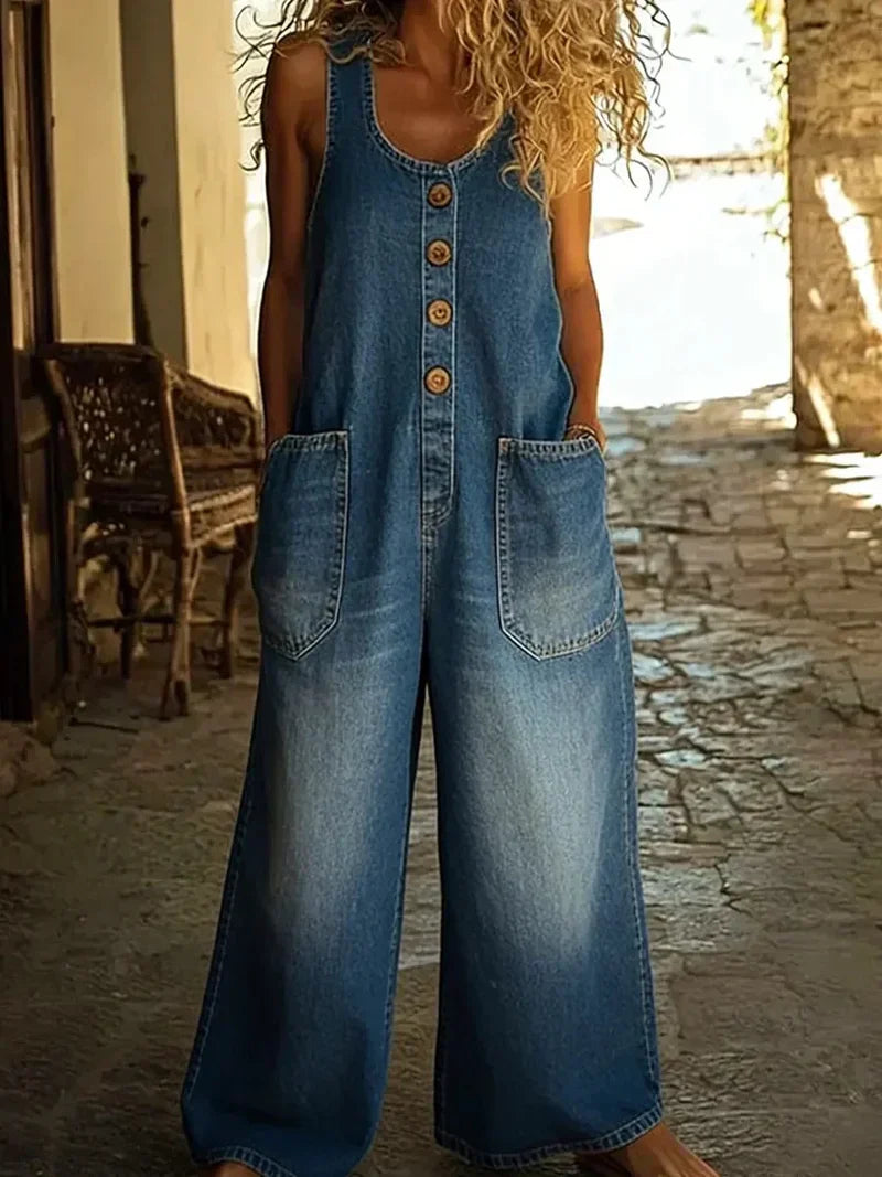 Lena | Damen Jeans Latzhose Locker Vintage Knöpfe Overall