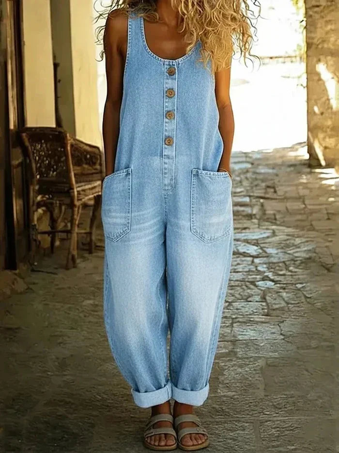 Lena | Damen Jeans Latzhose Locker Vintage Knöpfe Overall
