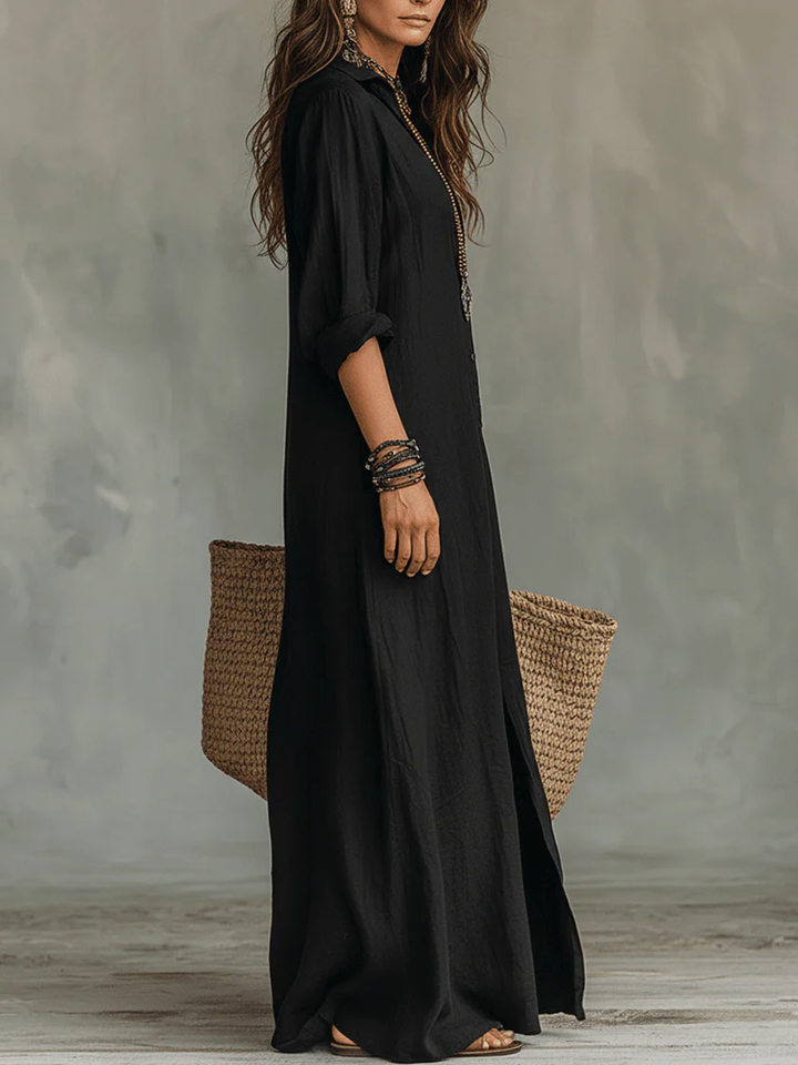 Selestina | Damen Hemdblusenkleid Schwarz Langarm Maxikleid - Black - Image 2
