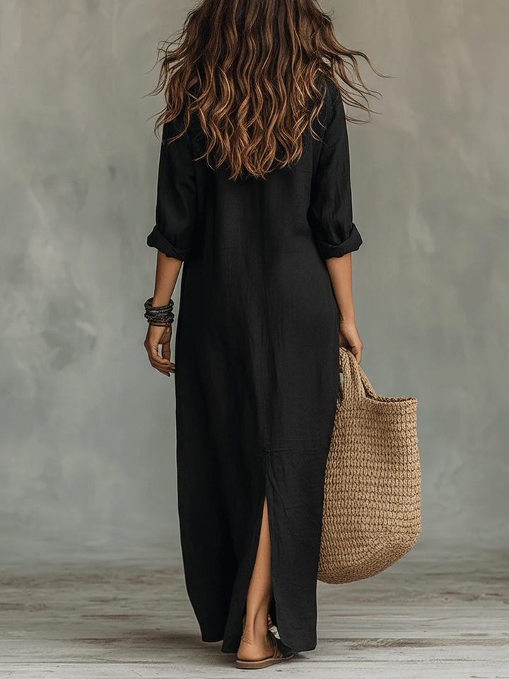 Selestina | Damen Hemdblusenkleid Schwarz Langarm Maxikleid - Black - Image 3