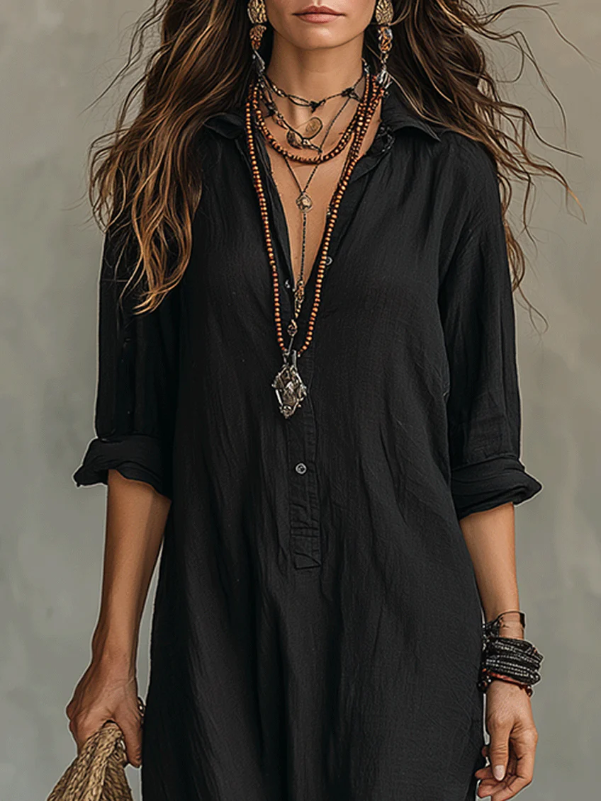 Selestina | Damen Hemdblusenkleid Schwarz Langarm Maxikleid - Black - Image 4
