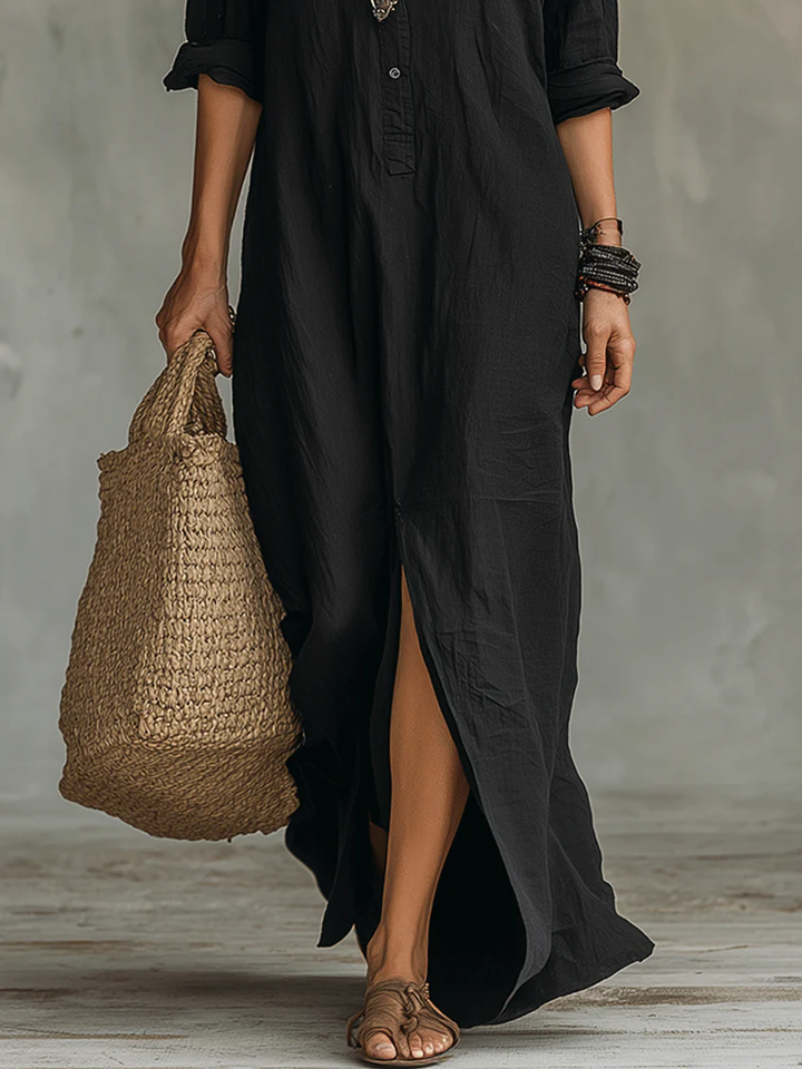 Selestina | Damen Hemdblusenkleid Schwarz Langarm Maxikleid - Black - Image 5