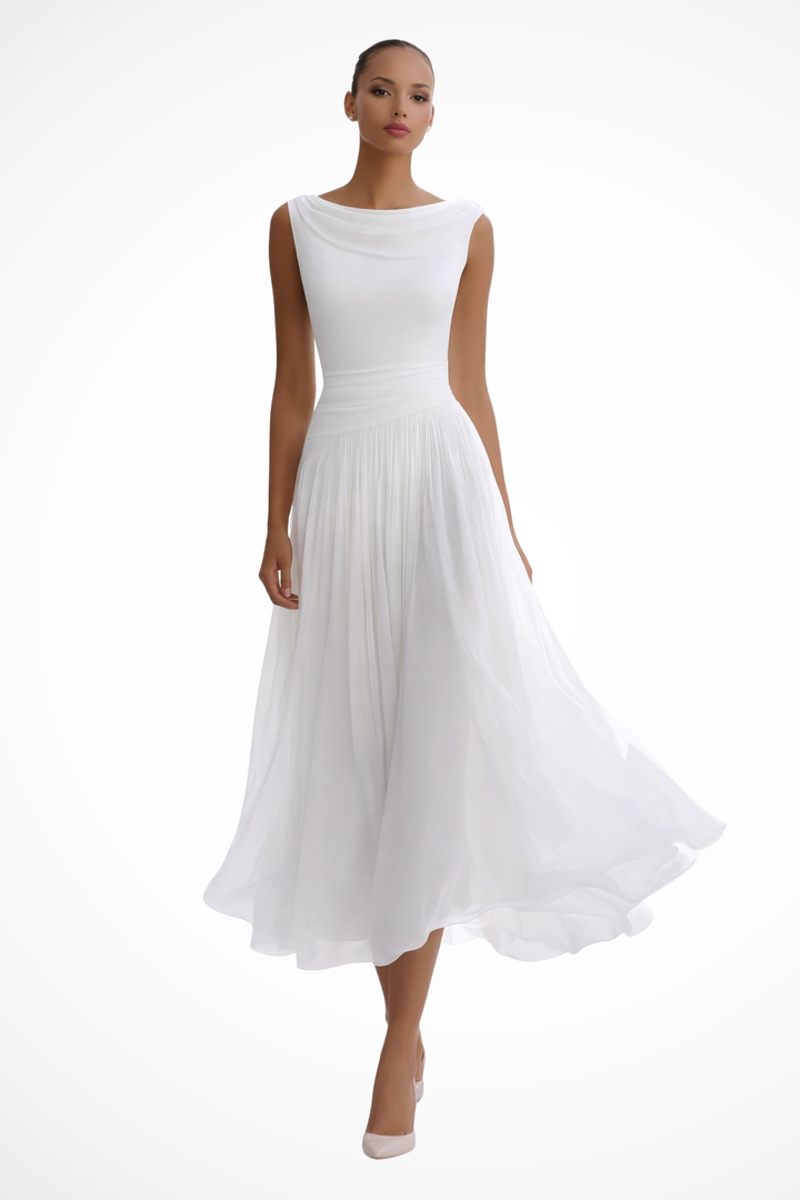 Seraphita | Damen Drapiertes Ärmellos Plissee Midikleid - White - Image 1