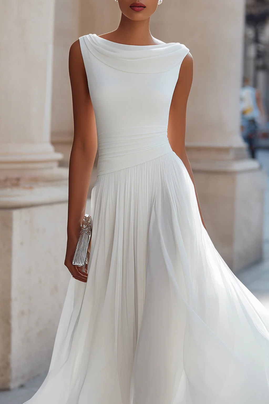 Seraphita | Damen Drapiertes Ärmellos Plissee Midikleid - White - Image 2